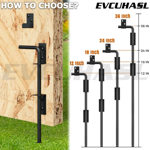 Keep Your Backyard Gate Locking Down Tight With This Straight Up Tough 12 Inch Cane Bolt Drop Rod Solid Steel Security Stopper for Wood Metal Vinyl Fences No Rust Just A Ridiculously Strong Ground Latch That Works Like A Champ shown next to various lengths for selection.