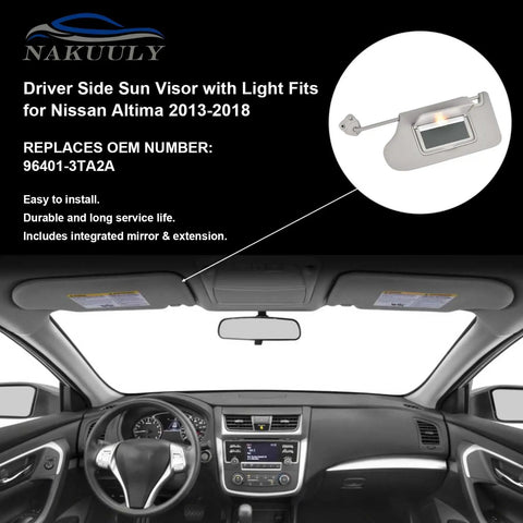 Driver Side Sun Visor With Light For Nissan Altima 2013 2018 Gray Left Replacement shown installed in car interior.