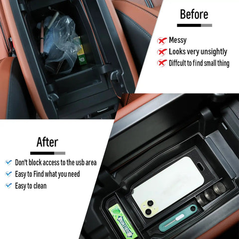 Mazda CX50 Interior Upgrade Kit 4 Pack Center Console Organizer Tray Armrest Storage Box comparison before and after installation