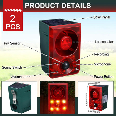 Two Pack Solar Outdoor Motion Sensor Alarm Deterrent With Gunshot Sound And Barking 130dB Loud Noise Maker product details