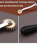 Close-up of black needlepoint tracing wheel, metal gears of Two Size Tracing Wheel Set With Wooden Handle Stainless Steel Pounce Wheel