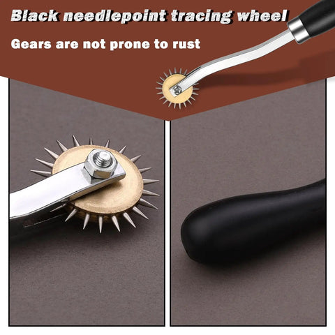 Close-up of black needlepoint tracing wheel, metal gears of Two Size Tracing Wheel Set With Wooden Handle Stainless Steel Pounce Wheel