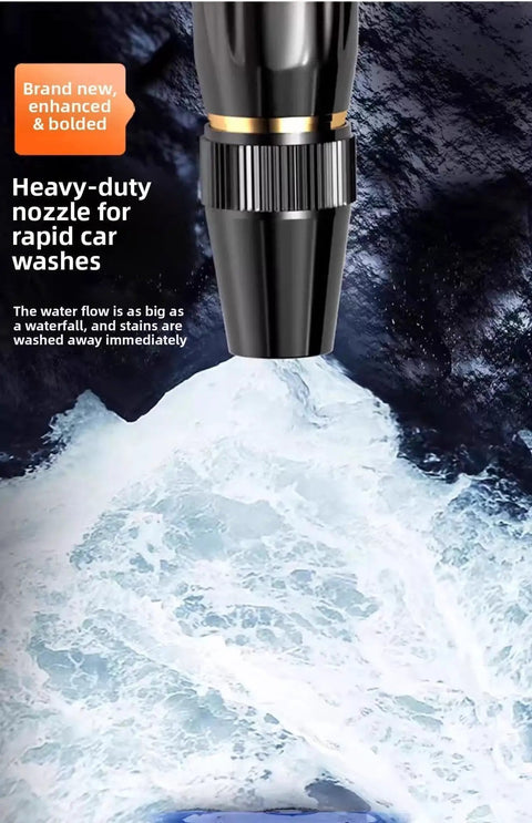 Close-up of high pressure car wash gun with booster nozzle releasing powerful spray, durable aluminum, ideal for car cleaning.