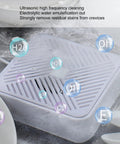 Slick Mini USB Ultrasonic Dishwasher With IP67 Waterproof Build shown with ultrasonic cleaning waves and water bubbles.