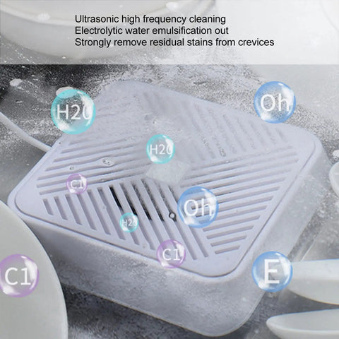 Slick Mini USB Ultrasonic Dishwasher With IP67 Waterproof Build shown with ultrasonic cleaning waves and water bubbles.