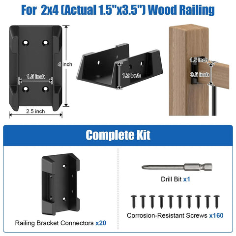 20 Pcs Deck Railing Brackets Connectors For 2x4 Wood Posts Angled Railing Supports Kit with screws and drill bit