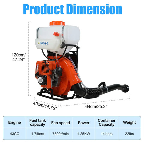 Beast Mode Gas Powered Backpack Fogger Sprayer With 15.8 Gallon Tank 2.13kW Engine Running At 7500rpm, side view, dimensions shown