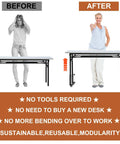 Before and after using Heavy Duty 7 Inch Adjustable Metal Table Leg Extenders Featuring Smooth Rolling Locking Casters.
