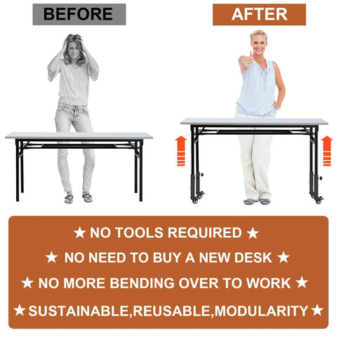 Before and after using Heavy Duty 7 Inch Adjustable Metal Table Leg Extenders Featuring Smooth Rolling Locking Casters.