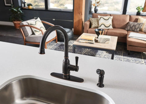 Mediterranean Bronze Single Handle Kitchen Faucet With Side Sprayer One Hand Operation Easy Install for 1 or 3 Hole Sinks
