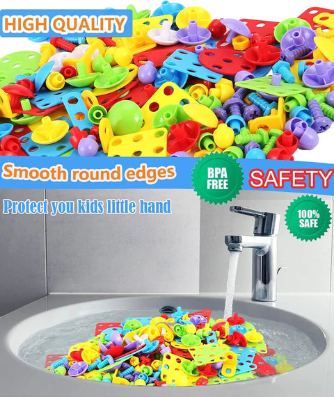 Vibrant parts of 244 Piece Electric Screwdriver Building Kit For Kids 4 To 10 Years Old DIY Construction Blocks shown in a sink.