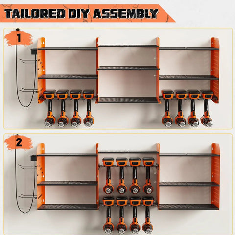 Power Tool Organizer Wall Mount With Charging Station, Three Layer Heavy Duty Garage Storage, 45.6 Inch Wide, Holds Eight Drills