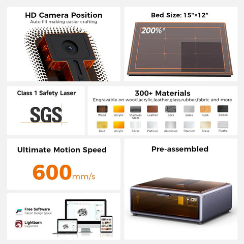 Falcon A1 10W Laser Engraver With Fully Enclosed Design, HD camera, 15x12 bed, 600mm/s speed, material compatibility overview.