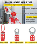 Lockout Tagout Kit 42 Piece Safety Set With Padlocks Hasps Tags Ties And Case shown with quality lockout hasps and tags for electrical and machinery use.