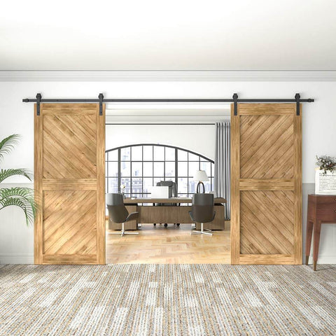 Heavy Duty Black Barn Door Hardware Kit For Double Sliding Doors 12 Ft Carbon Steel J Shape Track Easy Install For 72 Inch Closet Panel Built To Last Rail System With Smooth Rolling Operation Ideal For Home installed in living room with wooden doors