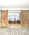 Heavy Duty Black Barn Door Hardware Kit For Double Sliding Doors Carbon Steel Track And Rail J Shape Easy Install For 60 Inch Closet Panel No Door Included, shown installed with 60 inch wood panels in an office setting.