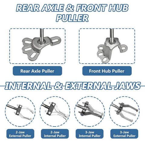 Nine-Way Slide Hammer Puller Set With Two-Jaw And Three-Jaw Options For Front-Wheel Bearings And Rear-Axle Hub Removal Dent