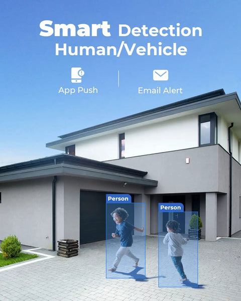4K Ultra HD PoE Security Camera System With Four Cameras featuring smart detection for person and vehicle outside modern home