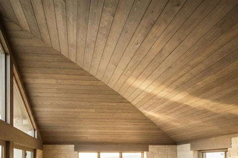 Top Shelf Saddlewood Reactive Interior Wood Stain Water Based VOC Free Blend applied to a vaulted wood ceiling.