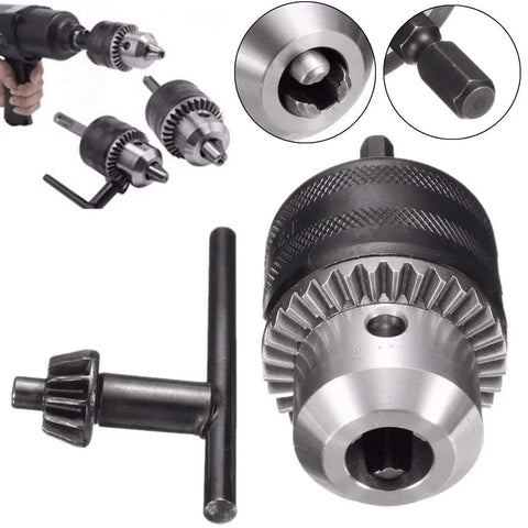 Game Changer 1 2 Inch Drill Chuck Adapter With Quick Swap Hex Drive And Wrench, showing three jaw grip with lock key.
