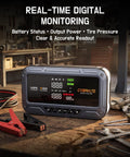 Roadside Lifesaver All In One Jump Starter With Air Compressor And USB C Fast Charge 8000A Peak 160 PSI LCD Display on workbench