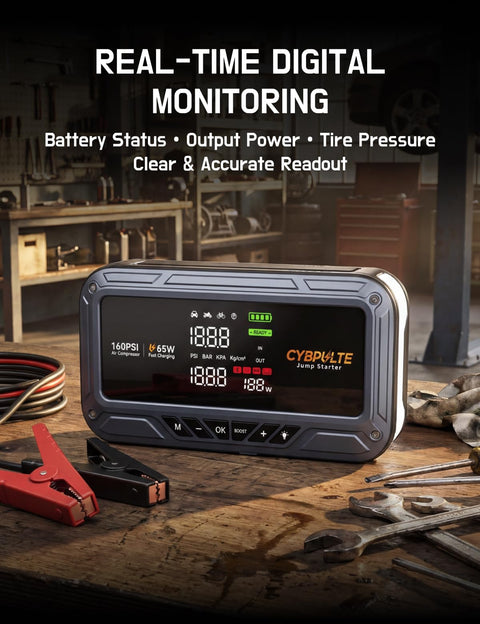 Roadside Lifesaver All In One Jump Starter With Air Compressor And USB C Fast Charge 8000A Peak 160 PSI LCD Display on workbench