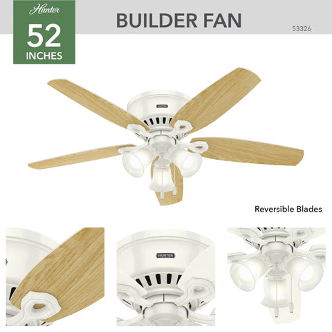 52 Inch Indoor Ceiling Fan With LED Lights And Pull Chain, White Finish, Low Profile Flush Mount, 5 Blades, No Remote