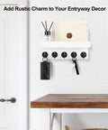 Solid Paulownia Wood Wall Mounted Key And Mail Holder Shelf With Heavy Duty Hooks For Coats Bags And Keys Straight Up Game Changer For Modern Entryway Setup, featuring keys and mail organized.