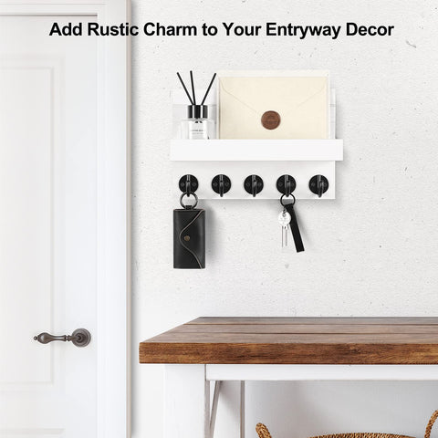 Solid Paulownia Wood Wall Mounted Key And Mail Holder Shelf With Heavy Duty Hooks For Coats Bags And Keys Straight Up Game Changer For Modern Entryway Setup, featuring keys and mail organized.
