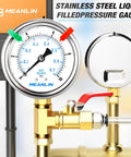 Stainless steel 0 to 10 psi liquid filled pressure gauge with 2.5 inch dial, 1/4 inch NPT lower mount, installed on water, oil, air system.