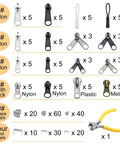 254 Piece Zipper Repair Kit With Case Universal Zipper Replacement Kit displayed with sliders, stops, and pliers in various sizes.