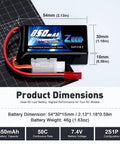 Two Pack 2S 7.4V 850mAh 50C LiPo Battery Soft Pack With JST Connector for RC Models shown with dimensions