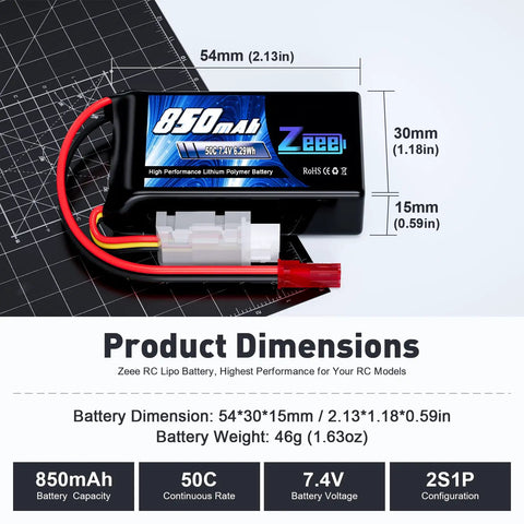 Two Pack 2S 7.4V 850mAh 50C LiPo Battery Soft Pack With JST Connector for RC Models shown with dimensions