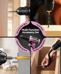 Pink Cordless Drill Set For Women 20V Lightweight Electric Power Drill With Three Eighths Inch Keyless Chuck Includes Power Pack And Charger Womens Tool Kit For Home Diy Projects And Quick Easy Household Fixes, featuring screwdriver bits and twist drill.