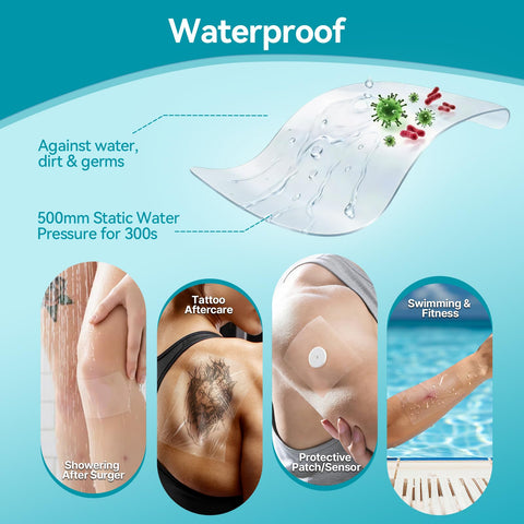Transparent Film Dressing 50 Pack No Hassle Waterproof Clear Bandages 4 by 5 Inches used for showering, tattoo aftercare, swimming.