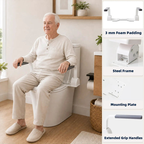 Heavy Duty Carbon Steel Toilet Safety Rails With Rock Solid Grab Bars For Seniors Bathroom Standing Assist Support Frame And Solid Armrest Setup That Handles Two Sixty Pounds Without Breaking A Sweat, with a senior using it.