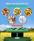 Dual Chamber 43 Gallon Compost Tumbler Bin With Aeration Paddles For Faster Smell Free Backyard Composting Bundled With Pearsons Gardening Gloves For Easy Mess Free Setup In Any Yard shown with accepted compost materials like kitchen scraps and leaves, and not accepted items like plastic.