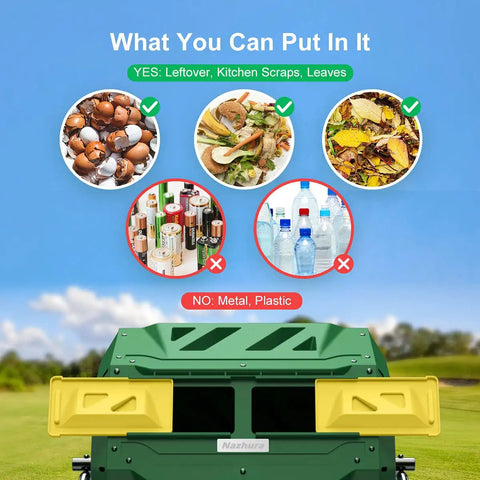 Dual Chamber 43 Gallon Compost Tumbler Bin With Aeration Paddles For Faster Smell Free Backyard Composting Bundled With Pearsons Gardening Gloves For Easy Mess Free Setup In Any Yard shown with accepted compost materials like kitchen scraps and leaves, and not accepted items like plastic.