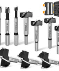Beast Mode 10 Piece Forstner Bit Set for Woodworking with Triple Flute Carbide Tipped Bits and Round Shank, ten sizes shown