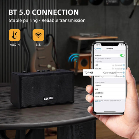 Portable Mini Guitar Amplifier With Clean And Distortion Channels 5W Rechargeable Bluetooth Practice Amp For Electric Bass Small Yet Loud With Dope Tones For Daily Jams, shown with smartphone displaying Bluetooth connection