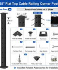 35 Inch flat top cable railing corner post with installation accessories, pre-drilled on 3 sides for corner mounting.