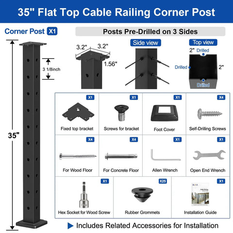 35 Inch flat top cable railing corner post with installation accessories, pre-drilled on 3 sides for corner mounting.