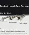 M6x25mm 304 Stainless Steel Hex Socket Cap Head Screws Full Threaded Bulk Kit with M4 and M8 screws for comparison.