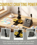 Fridge Magnet Maker Kit With 2 By 2 Inch Square Diy Photo Magnet Press Includes Paper Cutter 100 Sets Acrylic Supplies And 100 Sheets Photo Paper For Easy Custom Refrigerator Magnets displayed on a desk with crafting materials and a cup of coffee.