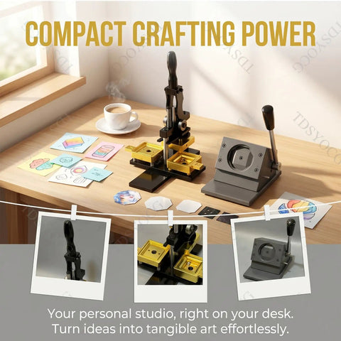 Fridge Magnet Maker Kit With 2 By 2 Inch Square Diy Photo Magnet Press Includes Paper Cutter 100 Sets Acrylic Supplies And 100 Sheets Photo Paper For Easy Custom Refrigerator Magnets displayed on a desk with crafting materials and a cup of coffee.