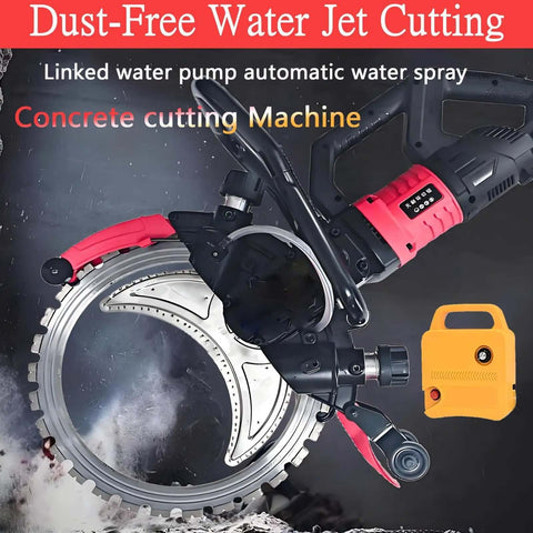 Heavy Duty Electric Concrete Circular Saw Featuring A Massive 8900 Watt Copper Motor And 3000 RPM Diamond Ring Blade For Snapping Through Thick Walls Smooth As Butter, showing water jet cutting feature.