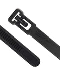 Heavy Duty 12 Inch Black Releasable Cable Ties 100 Pack Nylon 66 Zip Ties with easy-release clips shown in close-up.