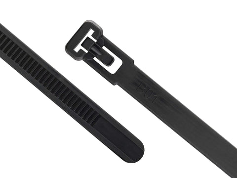 Heavy Duty 12 Inch Black Releasable Cable Ties 100 Pack Nylon 66 Zip Ties with easy-release clips shown in close-up.