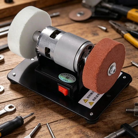 Mini Bench Grinder With Powerful 100 Watt Brushless Motor for sharpening metal and wood, compact desktop power tool.