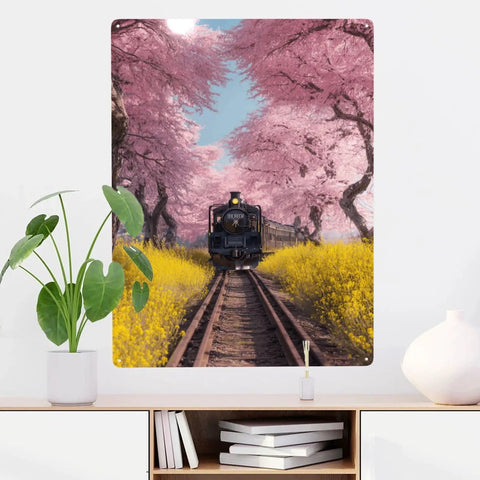 Vintage Steam Train Under Cherry Blossom Tunnel Metal Tin Sign 12x16 Inch Yellow Wildflowers Artwork Rustproof Waterproof Inks